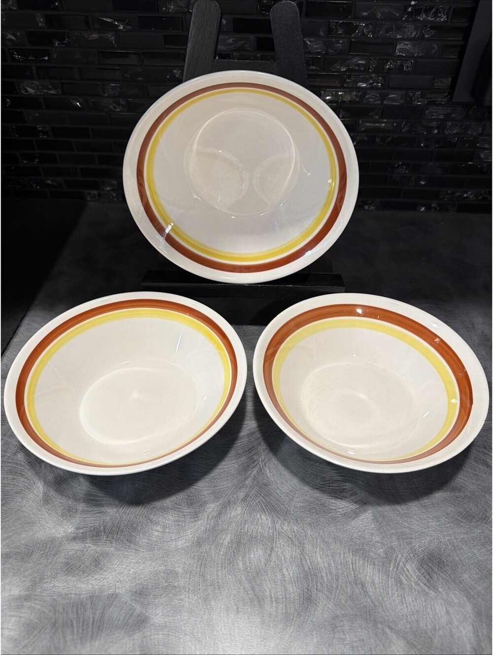 Vintage Stoneware Bowl Set 3 Brown Yellow Stripe Retro Diner Style Soup Cereal